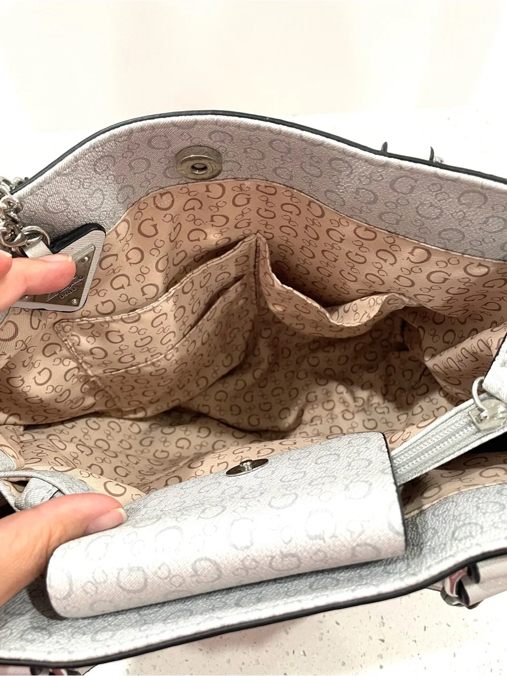 GUESS White Logo-Print Satchel with Silver Hardware